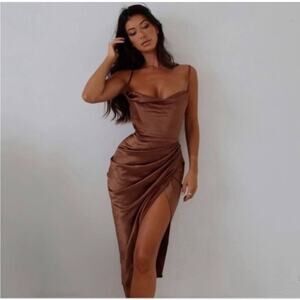 House of CB Satin Reva Sleeveless Toffee Balcony Corset Midi Dress XS